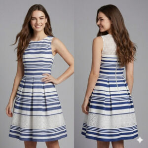 Vince Camuto Fit & Flare Dress Size 0 Blue White Striped Eyelet Lace Trim Lined